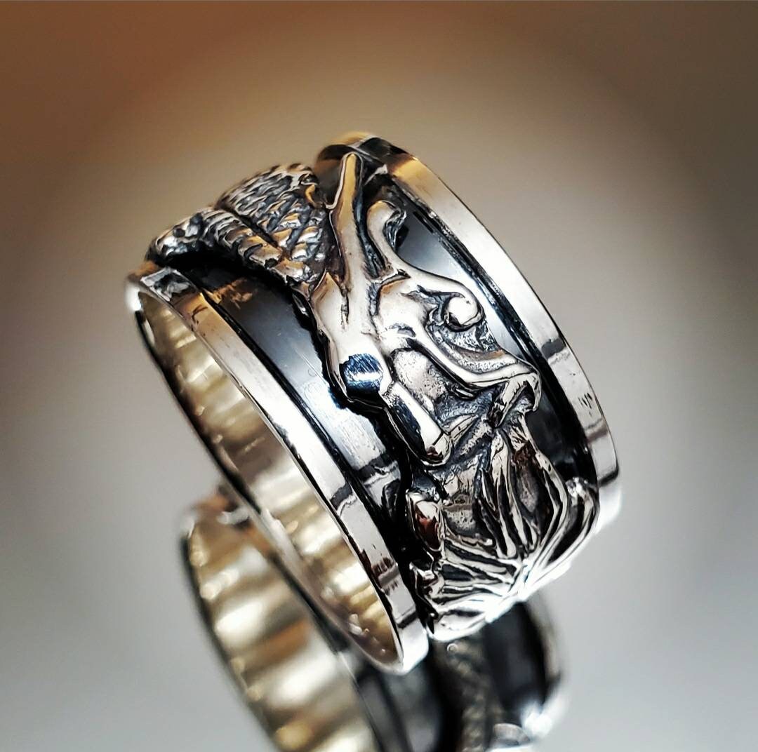 Wide Dragon Spinner Ring for Men: Tarnish-Free Sterling Silver Meditation Band