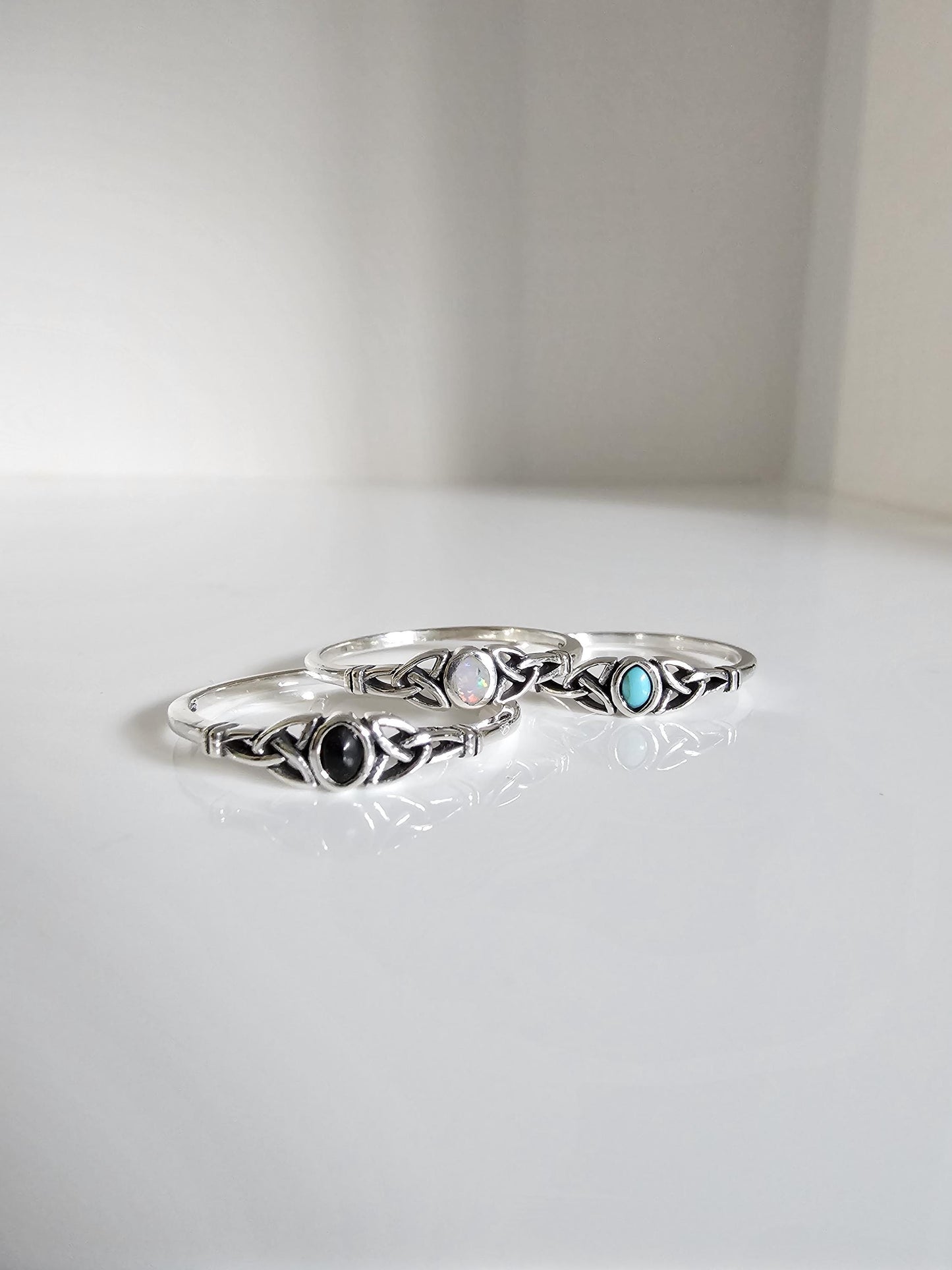 Oxidized Sterling Silver Celtic Ring: Turquoise, Onyx, or Opal Stone