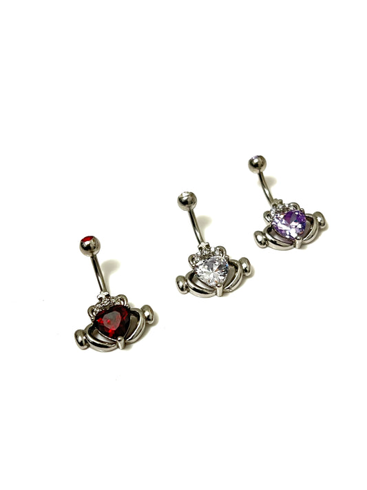 Claddagh CZ Irish Love Belly Button Ring Red Garnet, Lavender Amethyst, White Cubic Zirconia