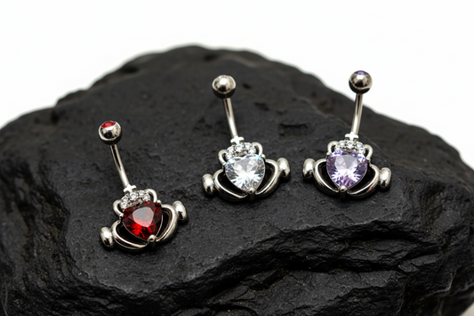 Claddagh CZ Irish Love Belly Button Ring Red Garnet, Lavender Amethyst, White Cubic Zirconia