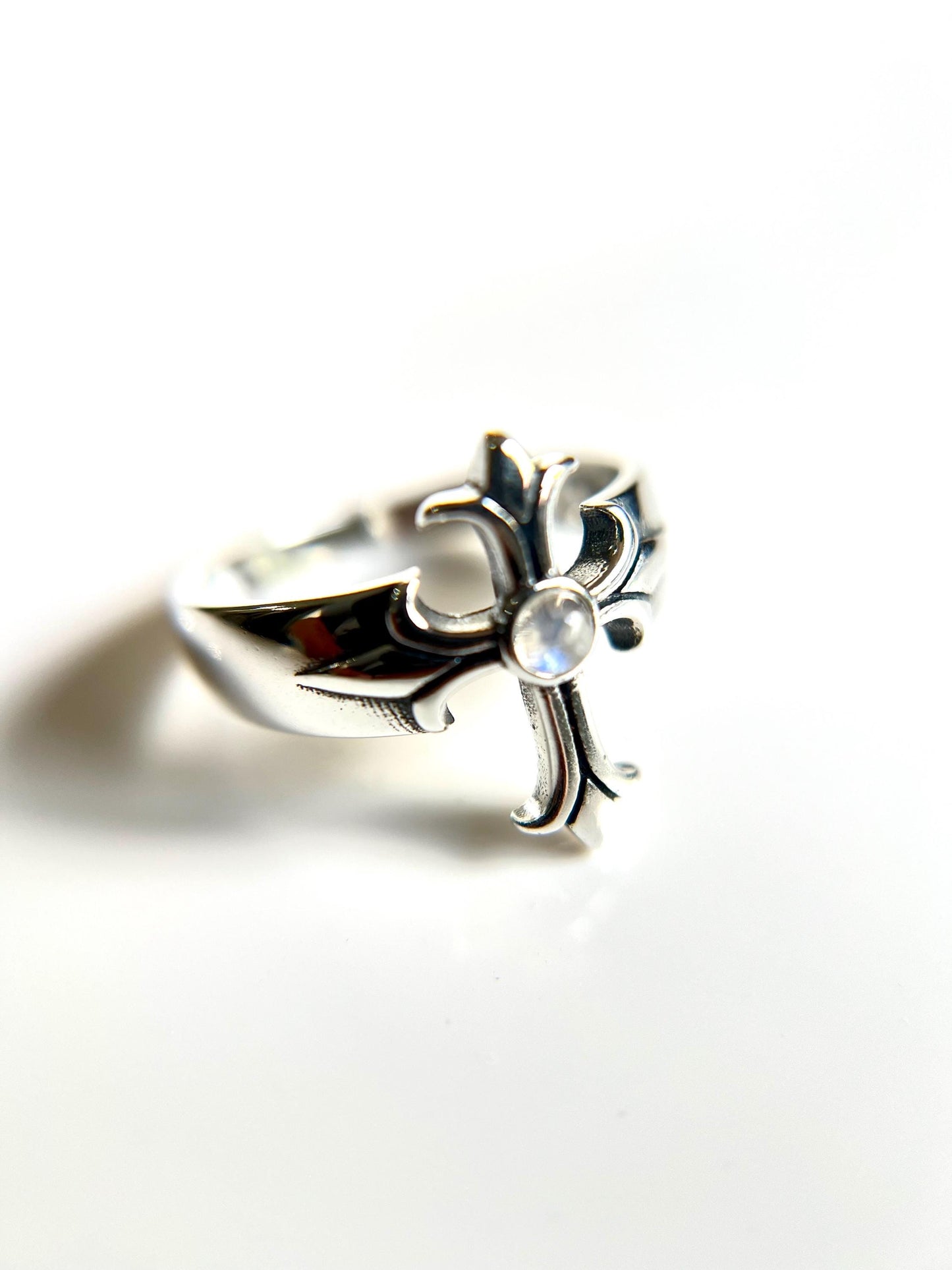 Sterling Silver Moonstone Eye Cross Ring: Medieval Gothic Jewelry