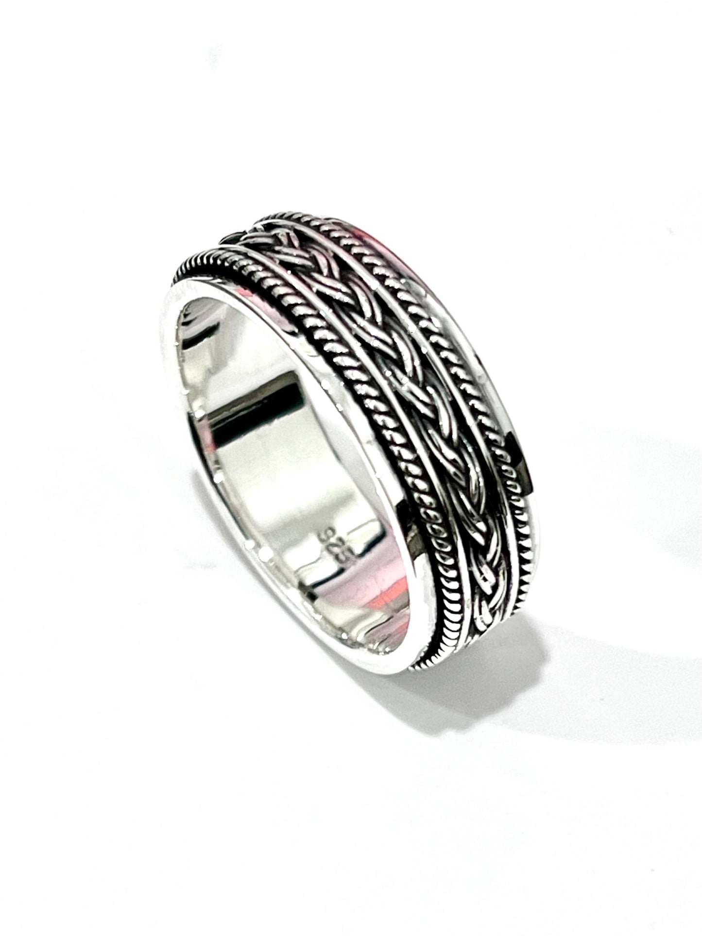 Braided Rope Sterling Silver Spinner Ring: 8mm Oxidized Wedding Band