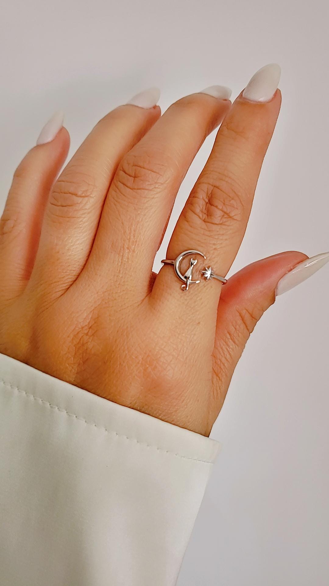Cat on Moon Ring White Lab Opal or Plain Silver– Dainty Sterling Silver 925, Adjustable Thin Band, Cat & North Star Jewelry, Boho Gift