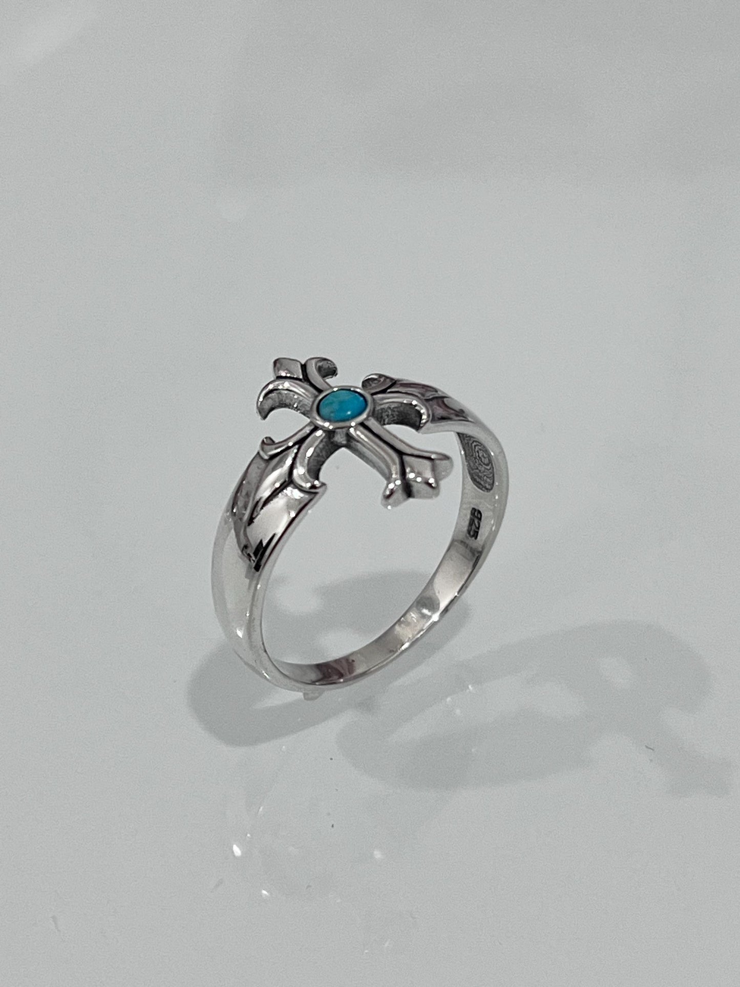 Sterling Silver Turquoise Eye Cross Ring: Medieval Biker Jewelry