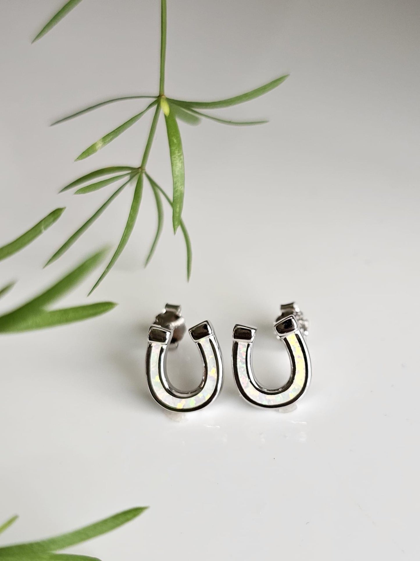 Sterling Silver Horseshoe Stud Earrings: White Lab Opal Lucky Charms