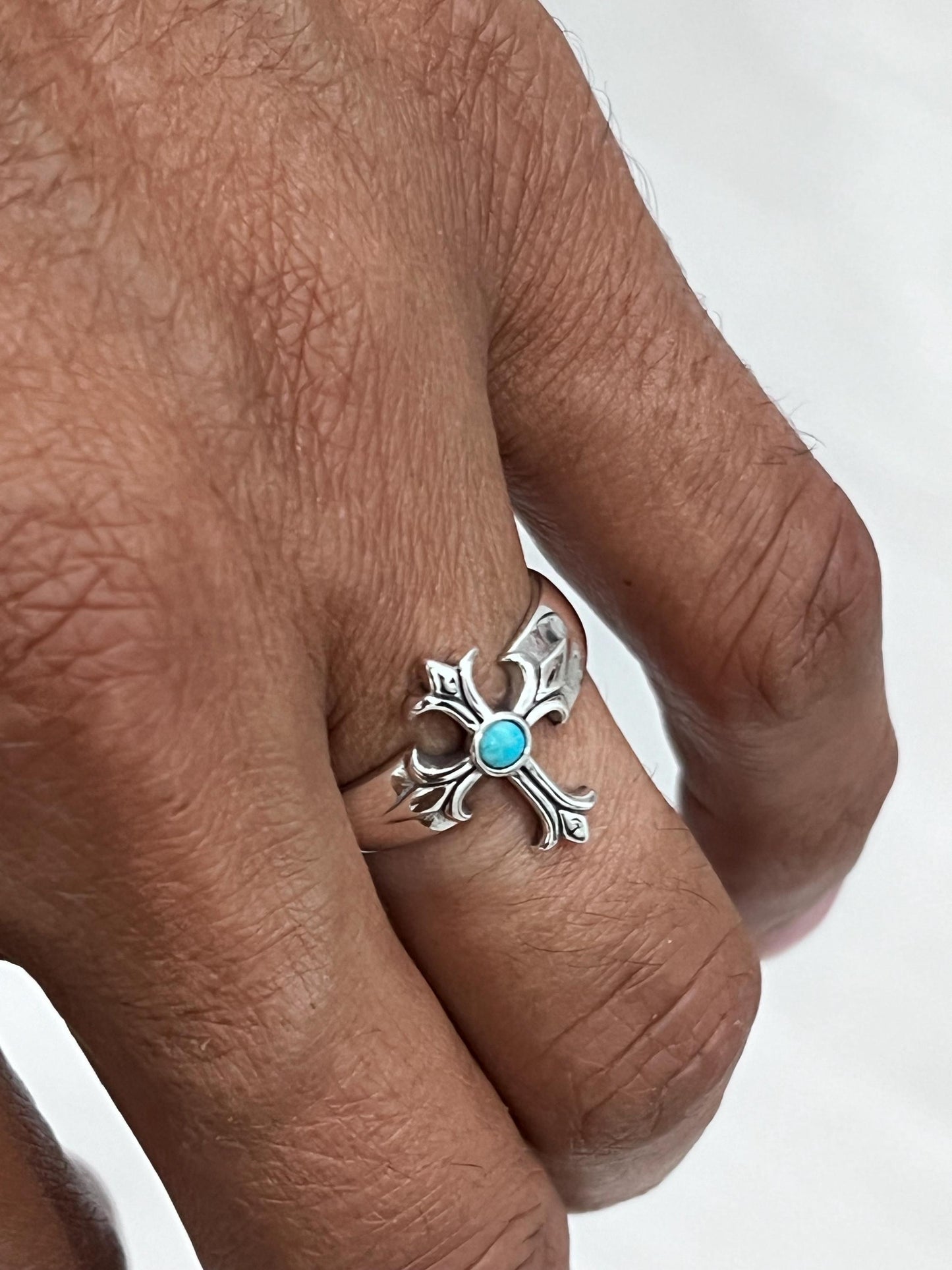 Sterling Silver Turquoise Eye Cross Ring: Medieval Biker Jewelry
