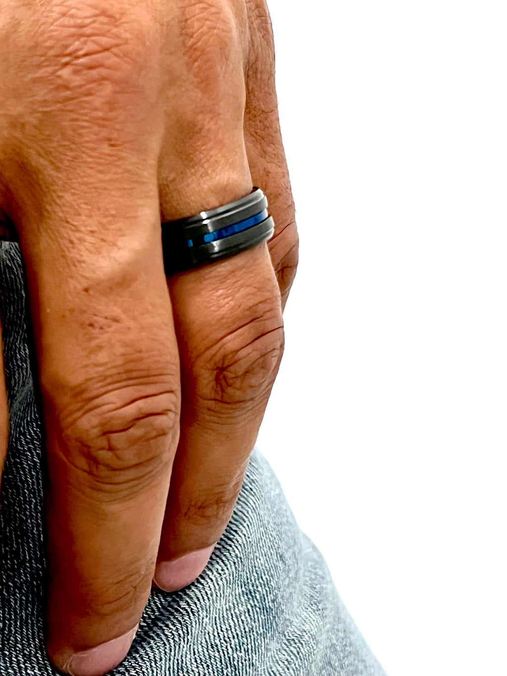 Blue Stripe Black Stainless Ring