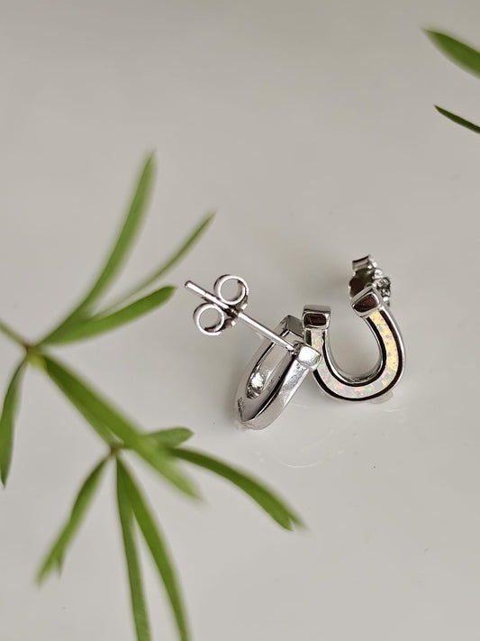 Sterling Silver Horseshoe Stud Earrings: White Lab Opal Lucky Charms