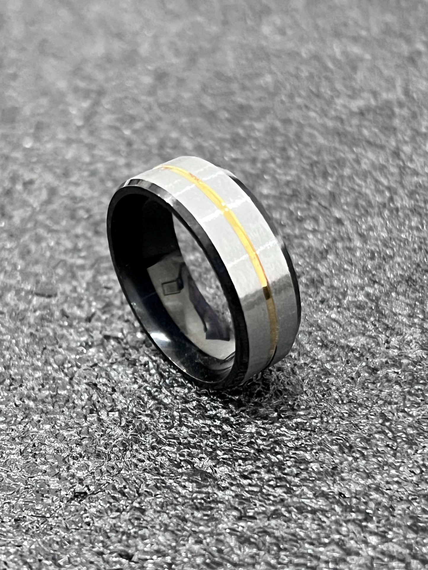 Gold Stripe, Silver, Black Stainless Ring, 8mm Band,