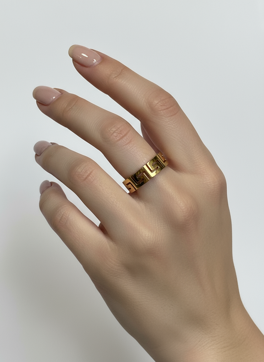 Unisex 6mm Greek Key Ring – PVD Gold or Silver Band, Timeless Durable Wedding & Daily Wear Jewelry