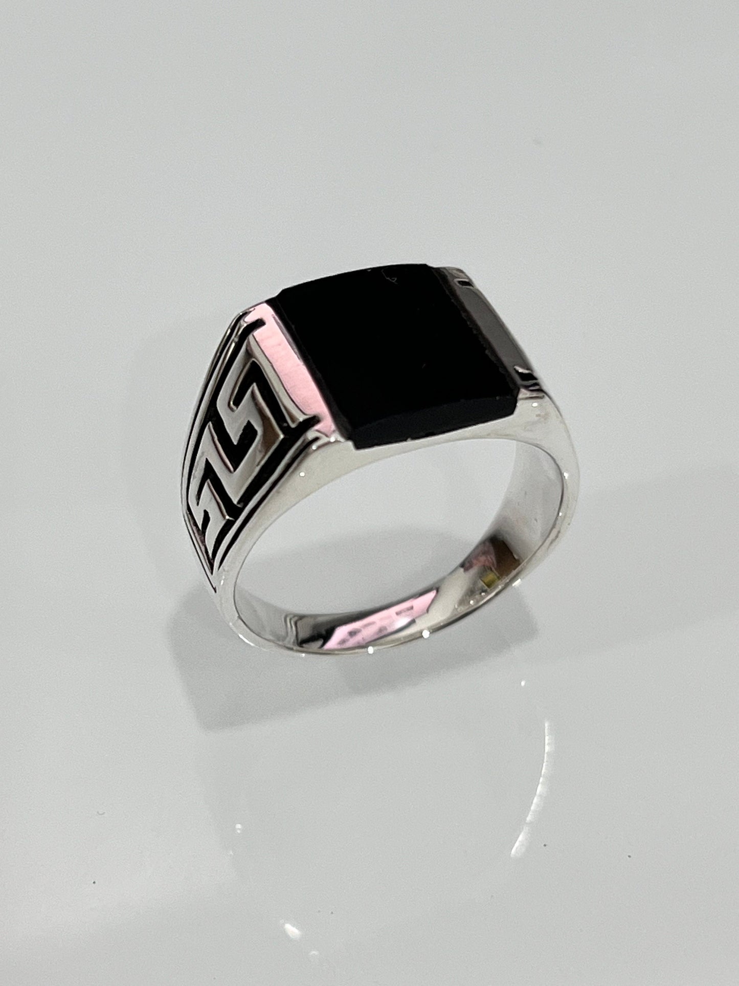 Greek Key Onyx Stone Men's Silver Ring