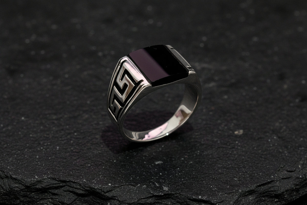 Greek Key Onyx Stone Men's Silver Ring