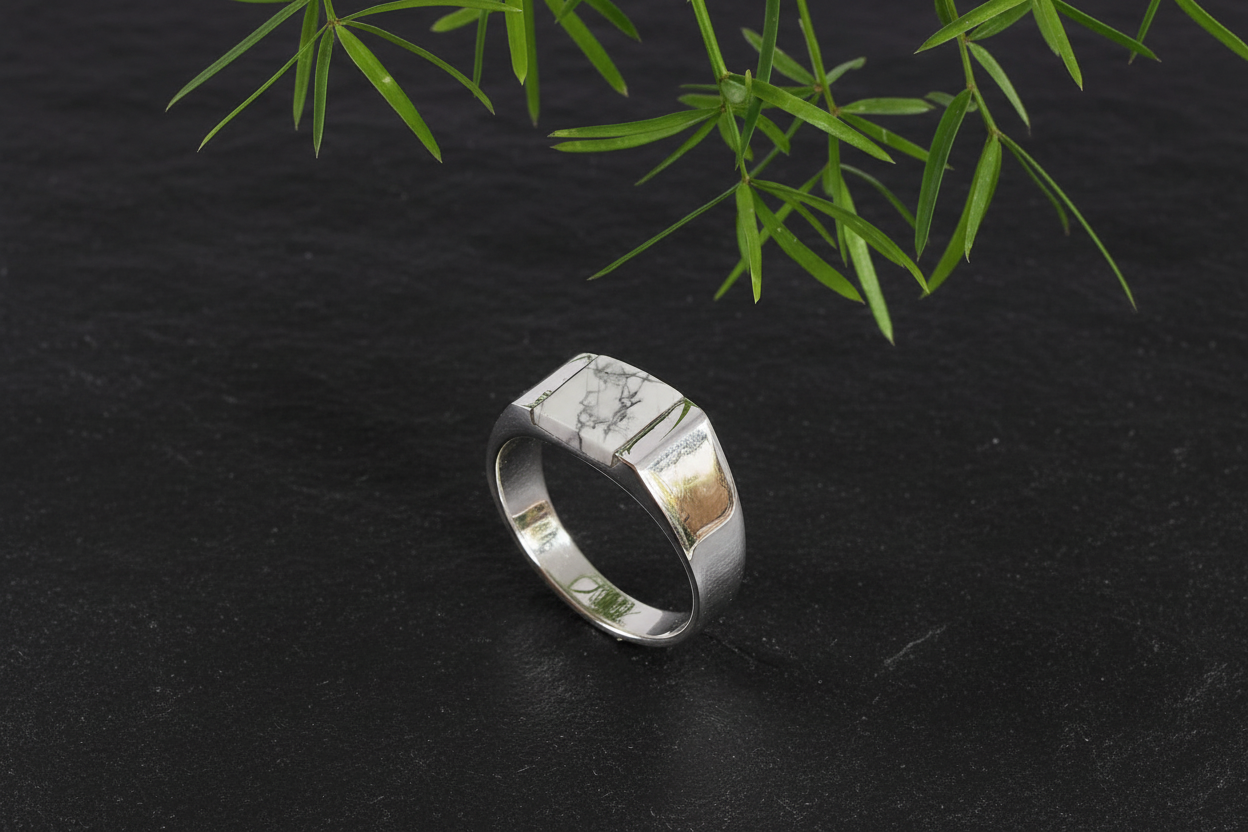 White Turquoise Sterling Silver Ring – Elegant Natural Stone, 9mm Face Height