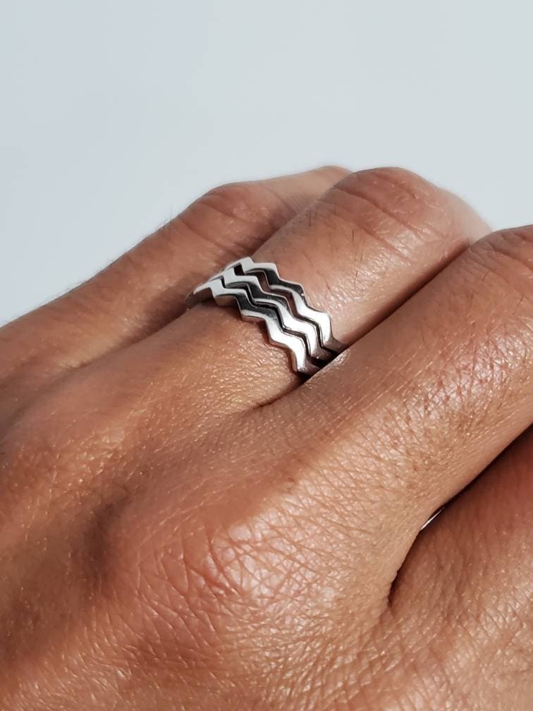 Sterling Silver Stack Ring, Zig Zag 925 Bands, Non tarnish Thumb Ring, Stackable Bands