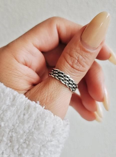 Oxidized Sterling Silver Chain Ring - Woven Band