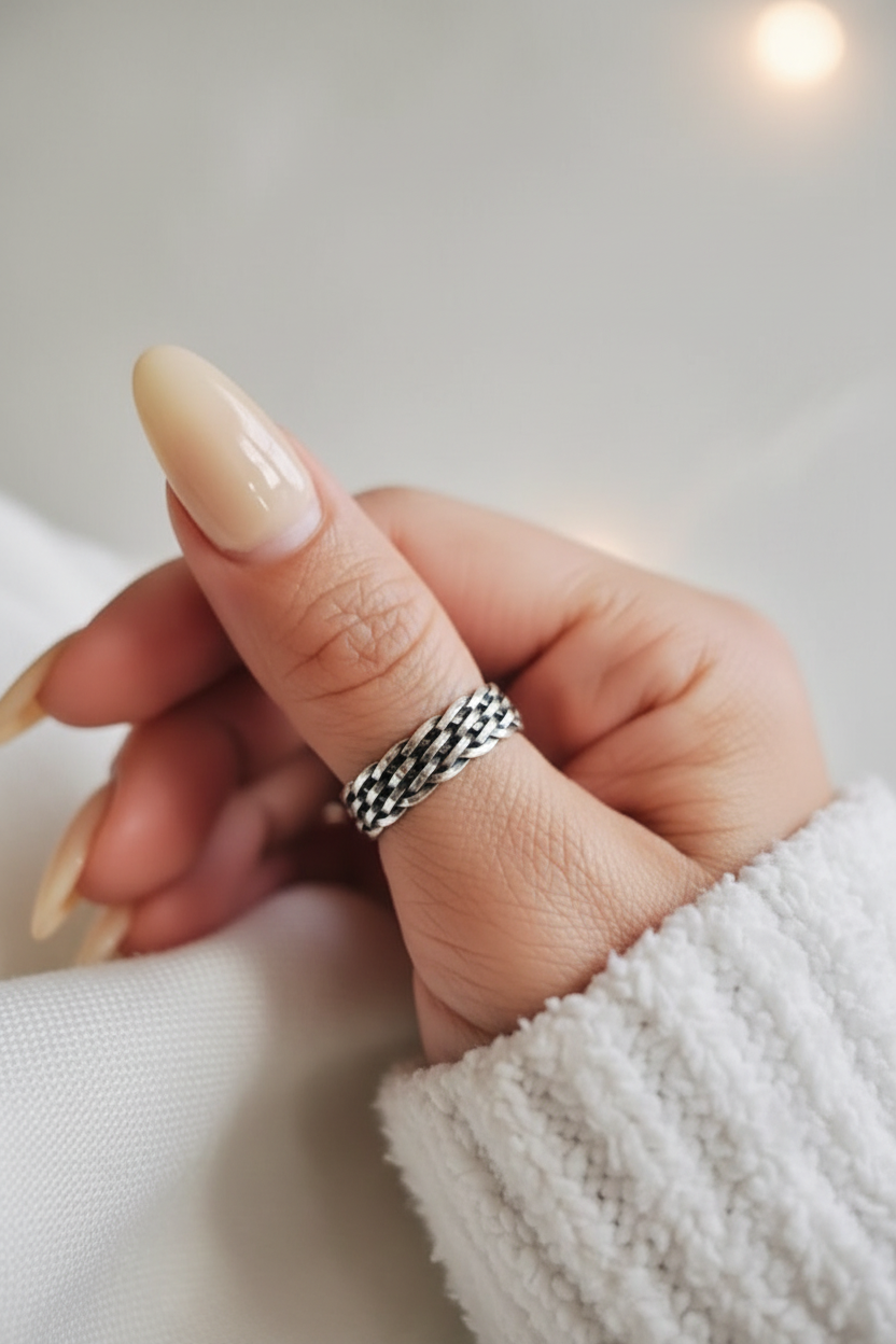 Oxidized Sterling Silver Chain Ring - Woven Band