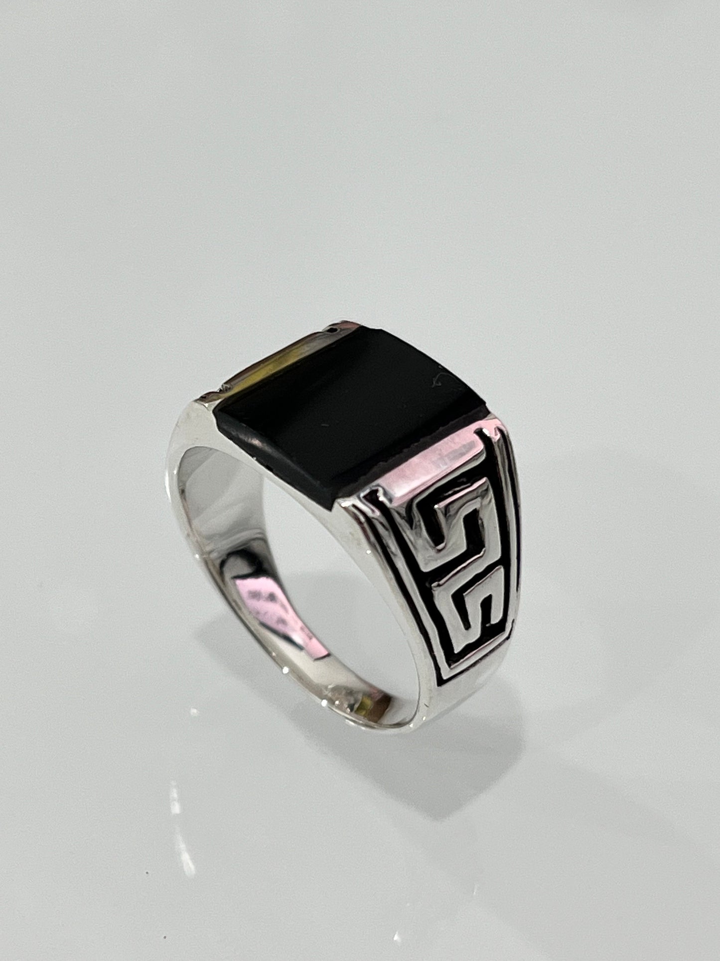 Greek Key Onyx Stone Men's Silver Ring