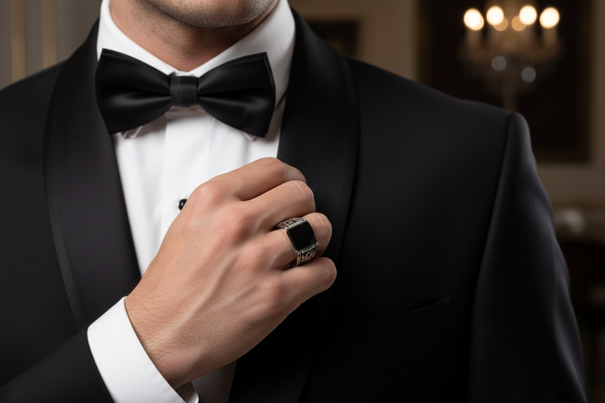 Greek Key Onyx Stone Men's Silver Ring