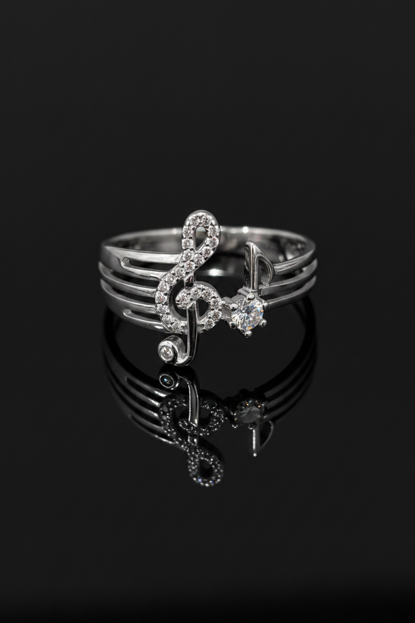 Sterling Silver Music Note Ring with CZ Stone