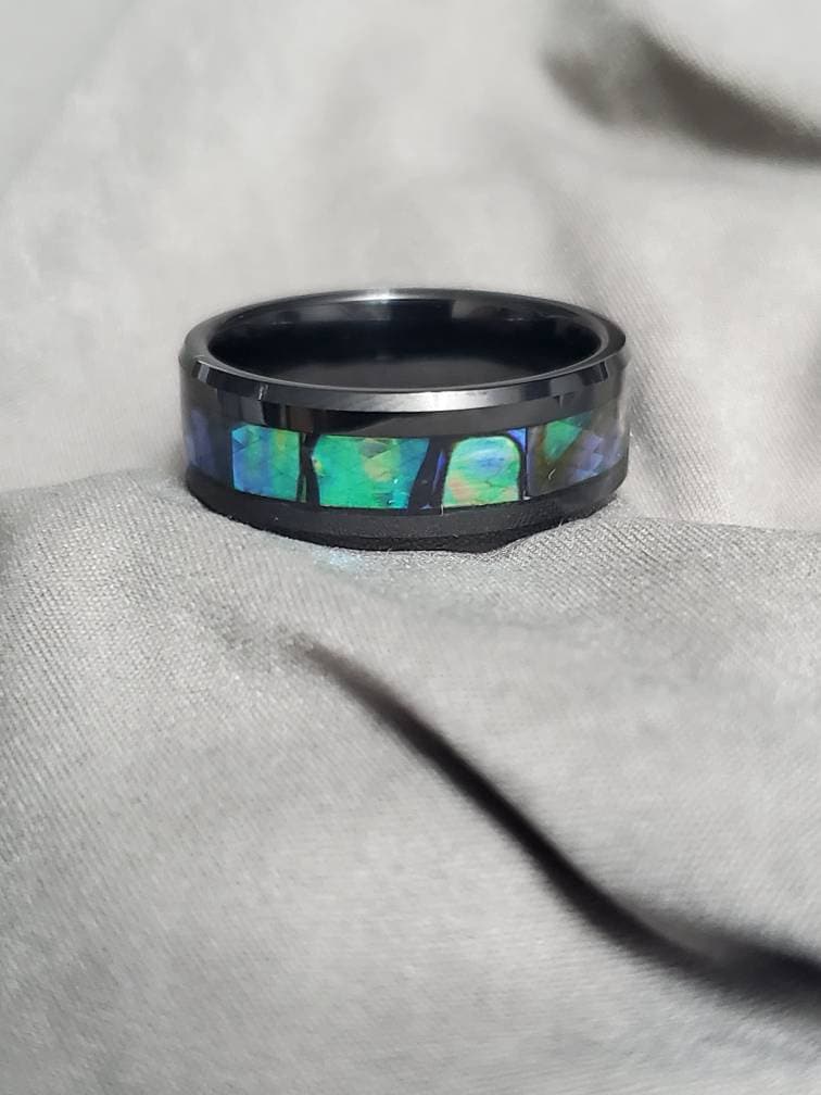 Paua Shell Tungsten  Sea Opal Ring Men's Ring