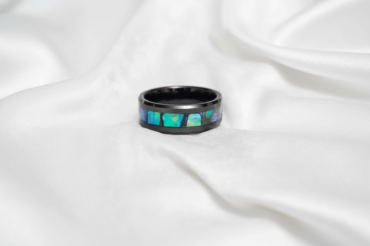 Paua Shell Tungsten  Sea Opal Ring Men's Ring