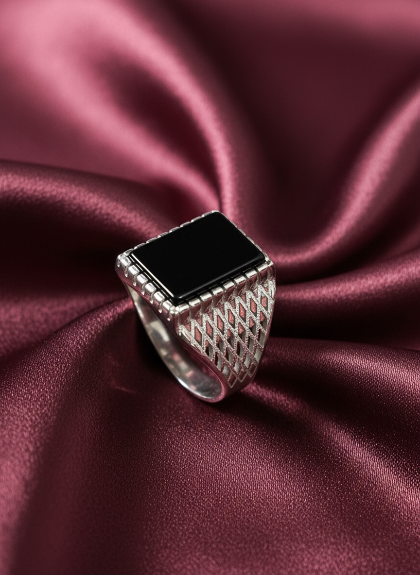 Square Black Onyx Men's Wedding Ring – 925 Sterling Silver