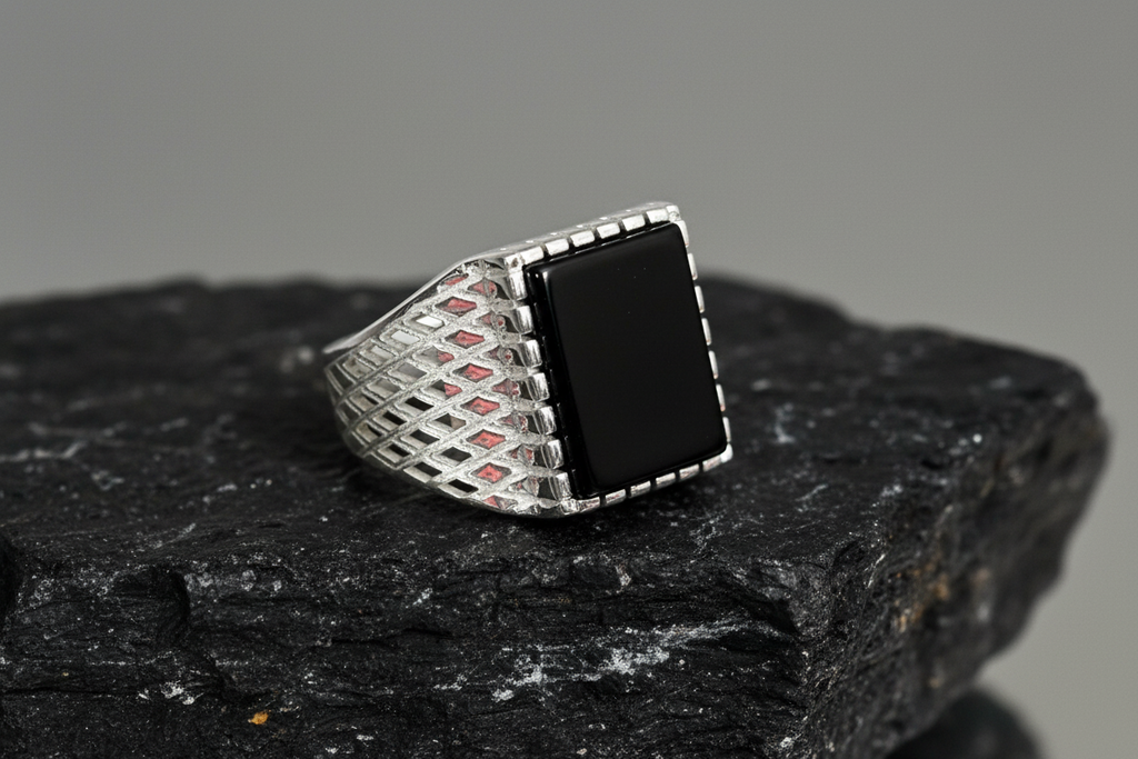 Square Black Onyx Men's Wedding Ring – 925 Sterling Silver
