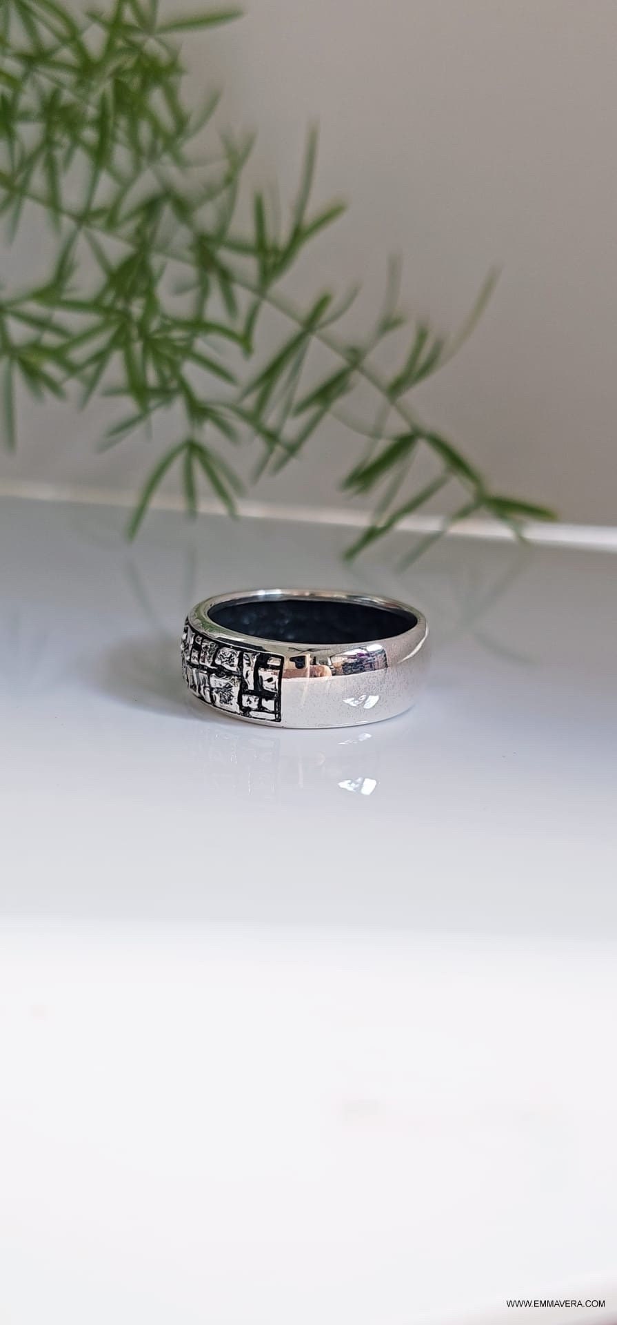 Stonework Sterling Silver Band: Rugged Men's Wedding Ring