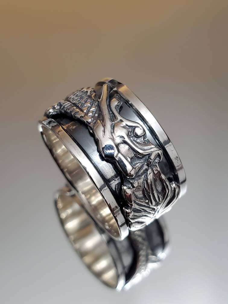 Wide Dragon Spinner Ring for Men: Tarnish-Free Sterling Silver Meditation Band