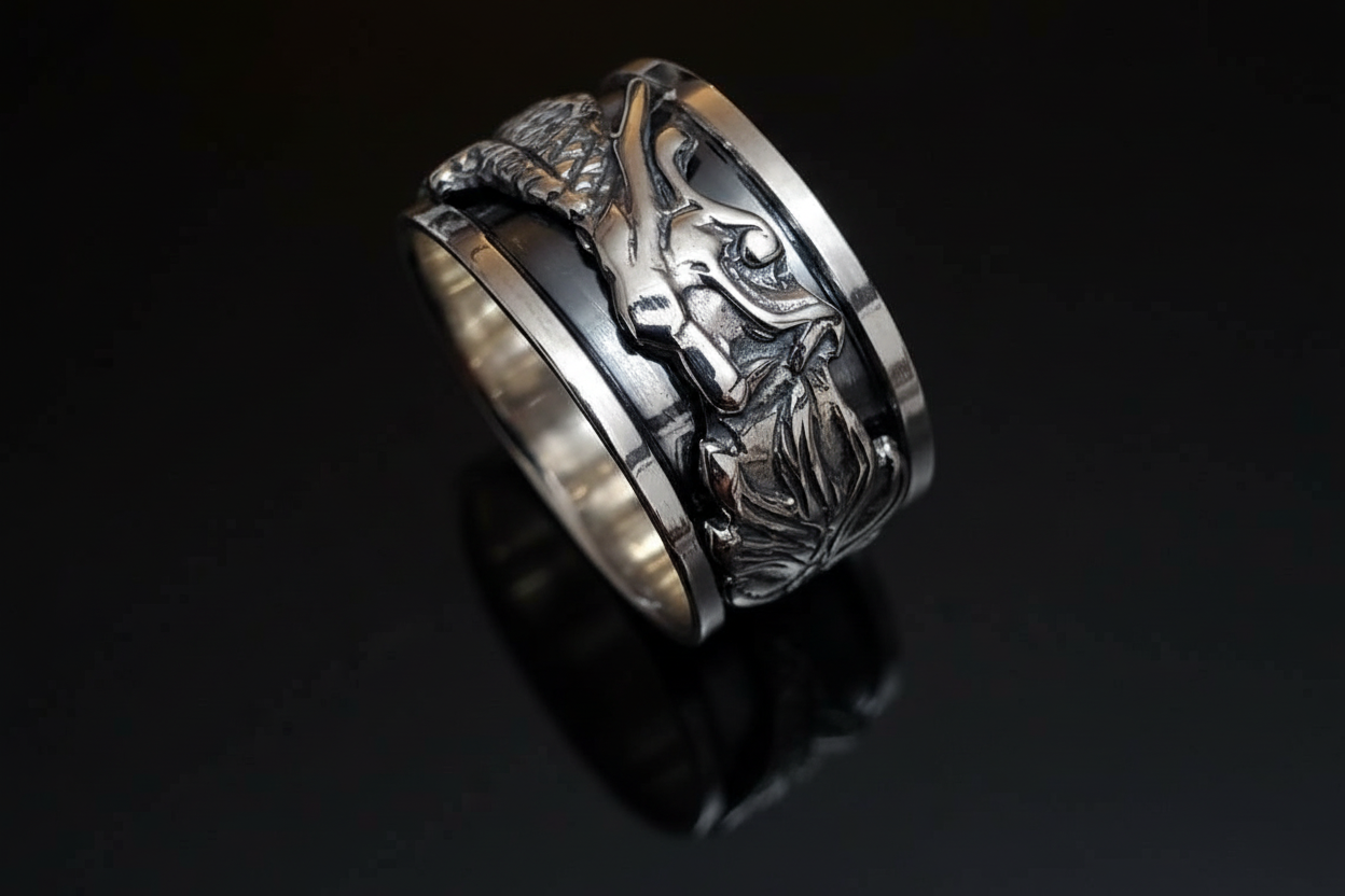 Wide Dragon Spinner Ring for Men: Tarnish-Free Sterling Silver Meditation Band