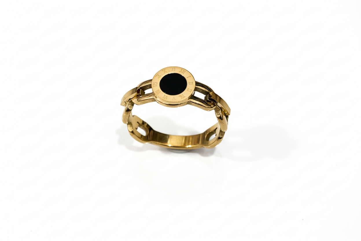 Roman Numeral Gold & Onyx Chain Ring