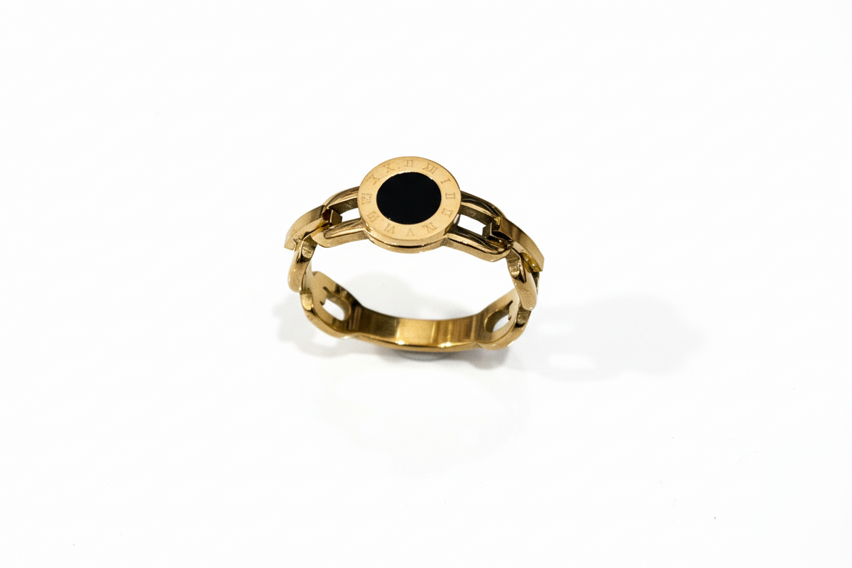 Roman Numeral Gold & Onyx Chain Ring