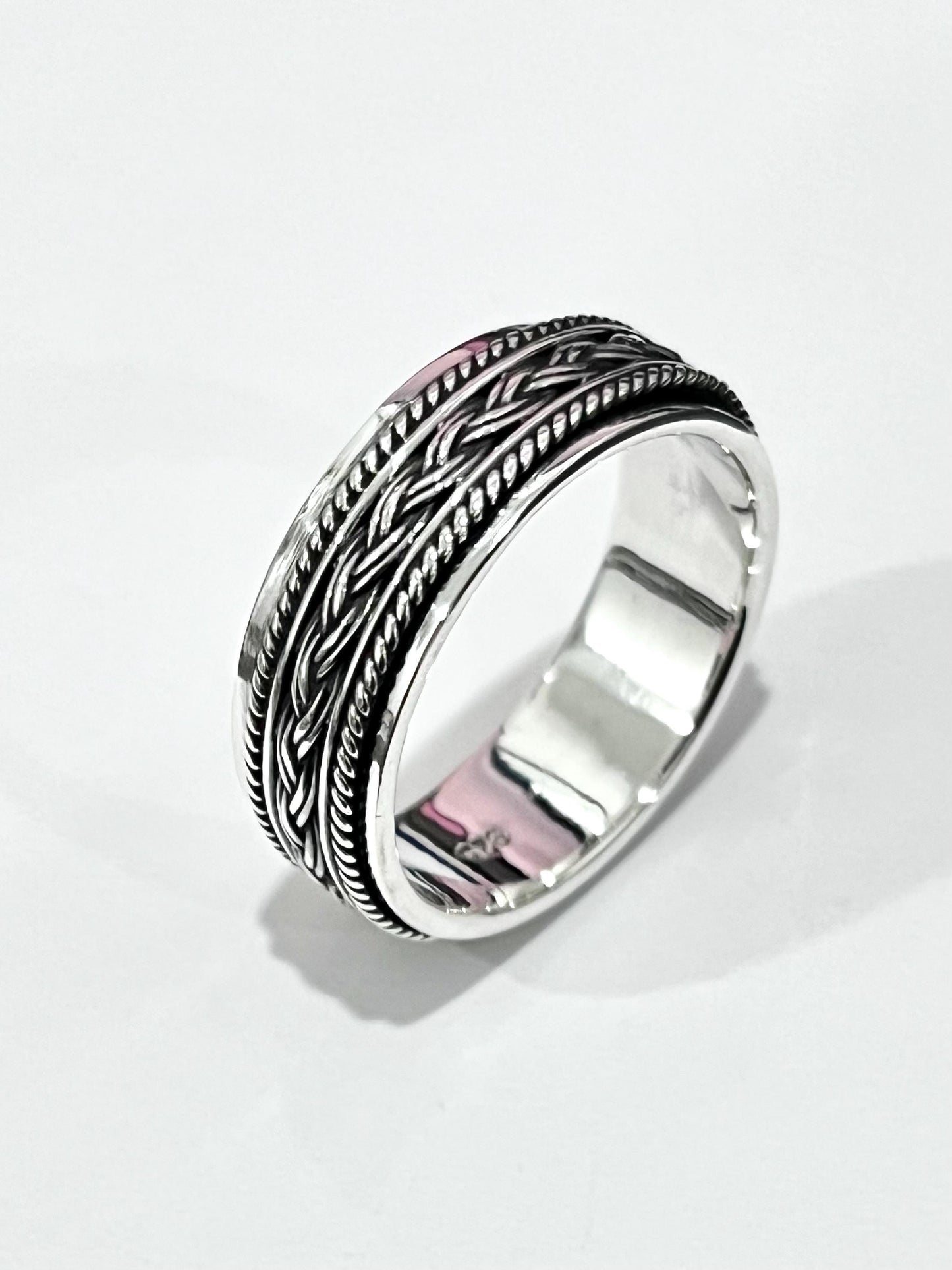 Braided Rope Sterling Silver Spinner Ring: 8mm Oxidized Wedding Band