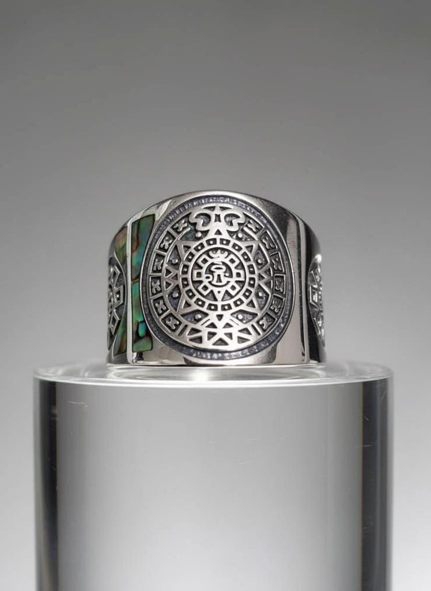 Sterling Silver Aztec Calendar Ring: Large Mens Band, Sizes 7-15
