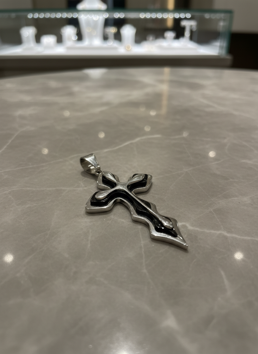 Men's Medieval Stainless Steel Cross and Hydro Black Chain Pendant, non-tarnishing hydro black and silver finish.