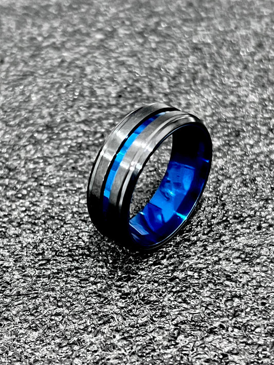 Blue Stripe Black Stainless Ring