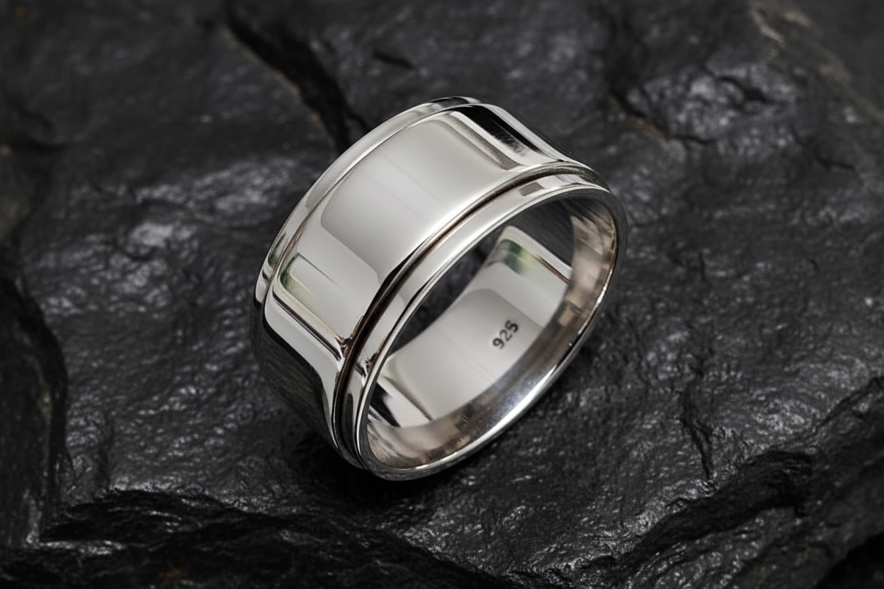 Thick Plain Spinner Band, Sterling Silver 925 Men's Ring, 10mm Wedding Band, Engagement Band for Men