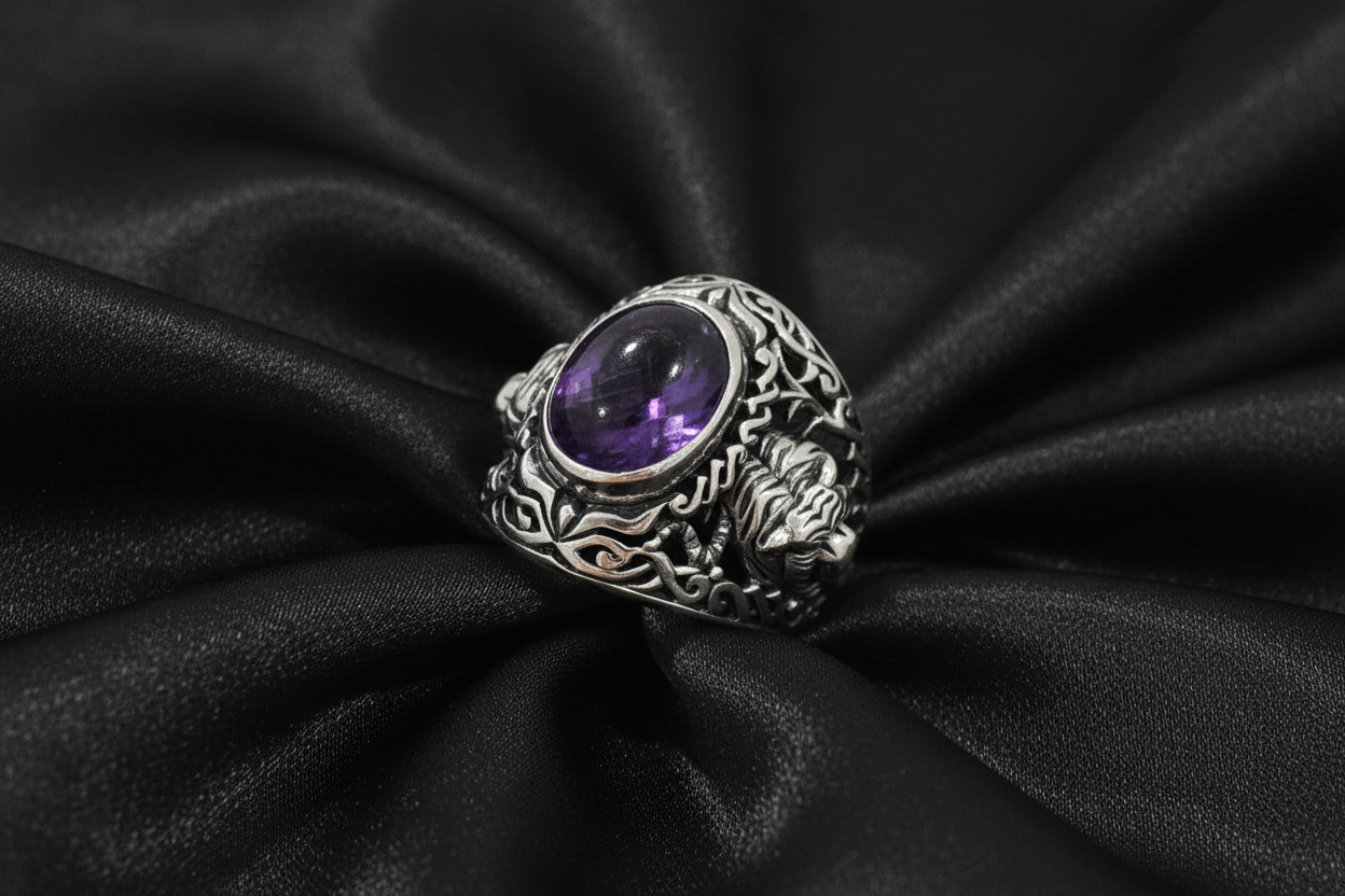 Tiger Amethyst Signet Ring
