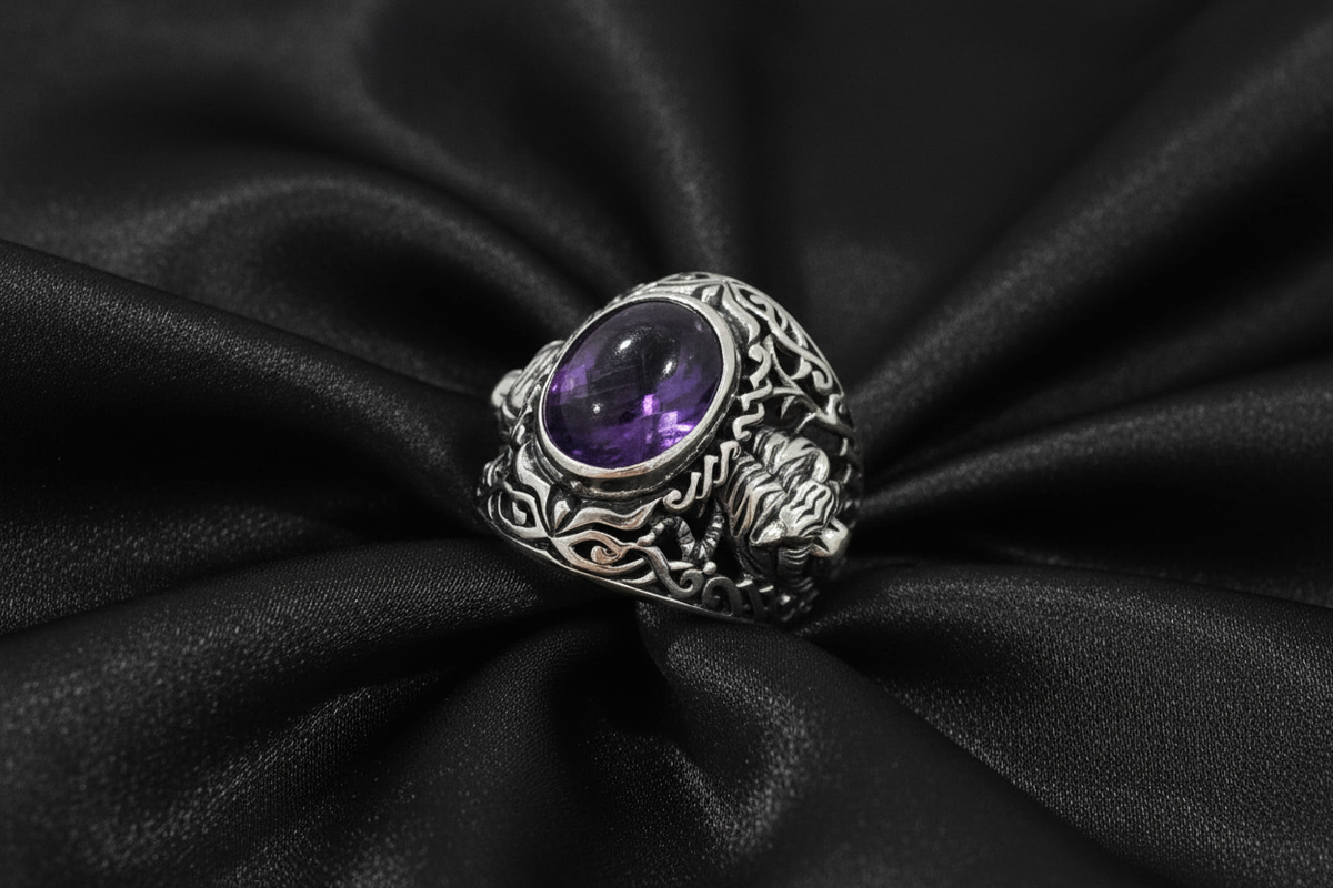 Tiger Amethyst Signet Ring