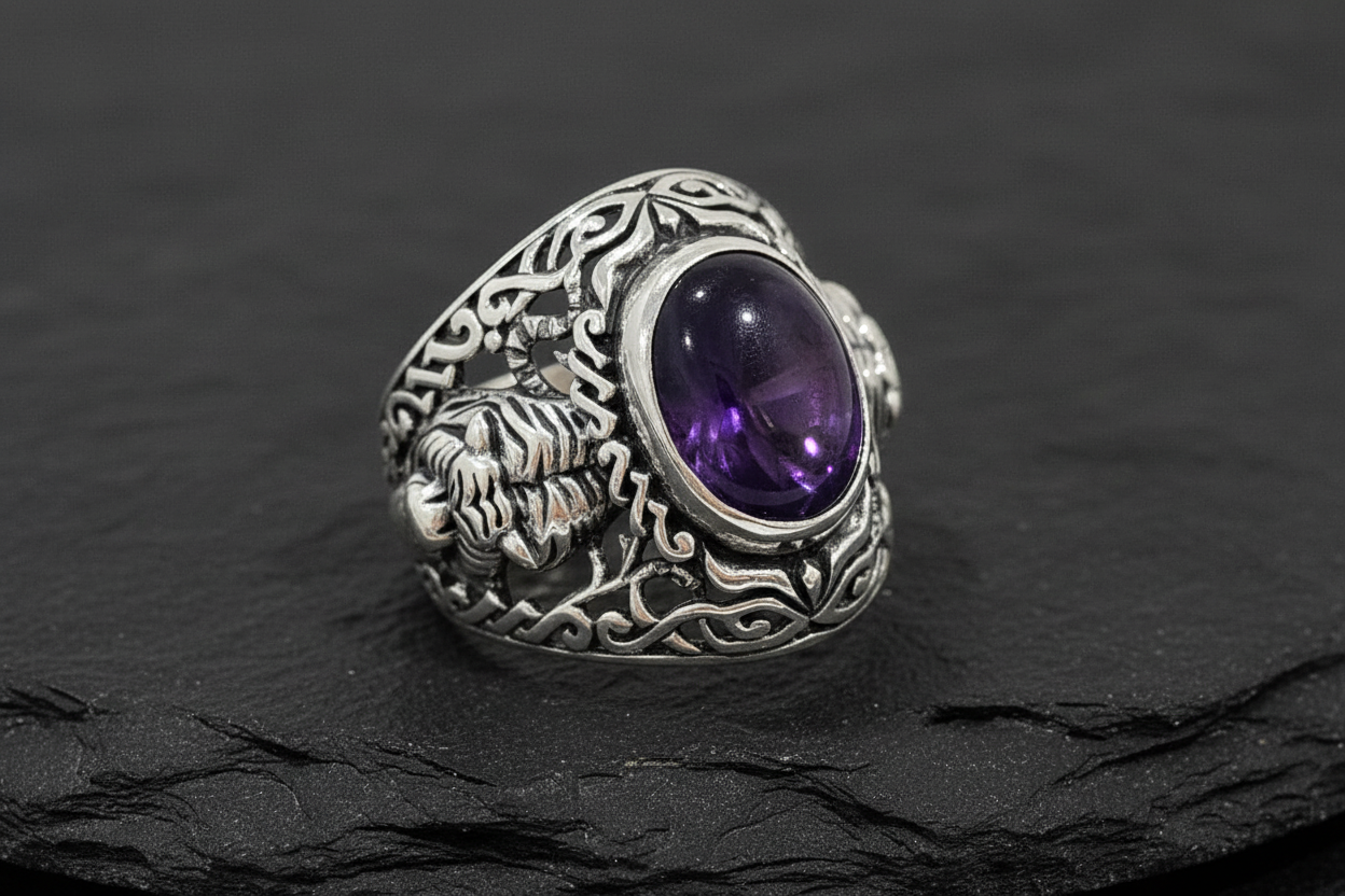 Tiger Amethyst Signet Ring
