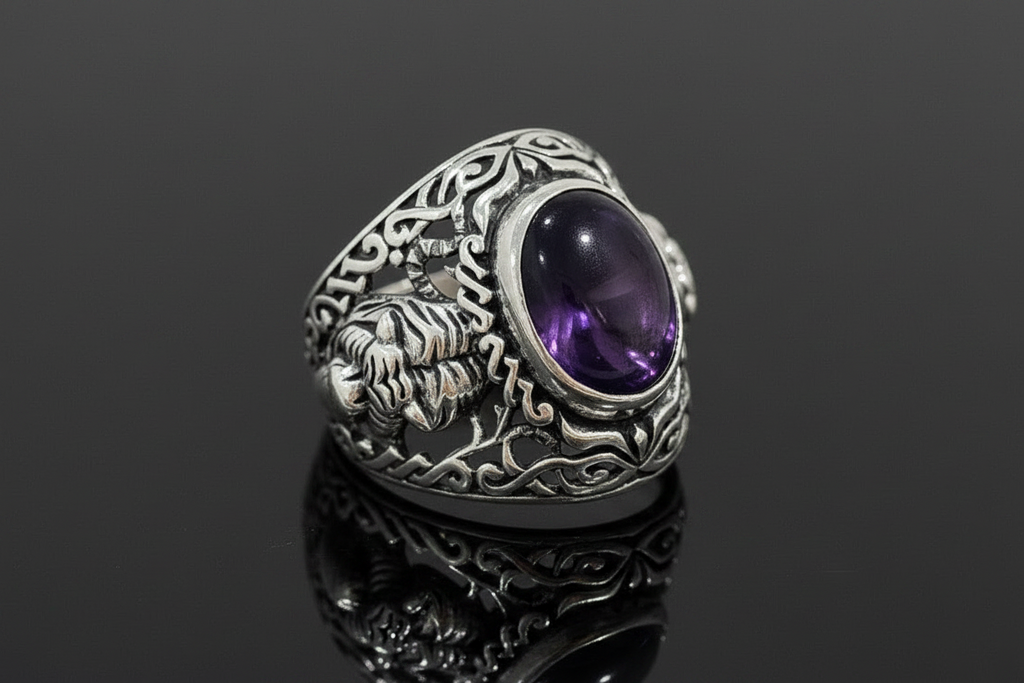Tiger Amethyst Signet Ring