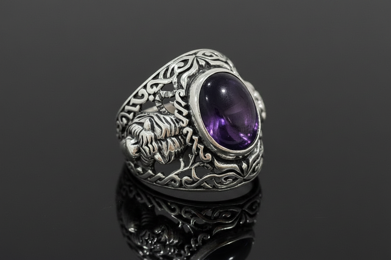 Tiger Amethyst Signet Ring