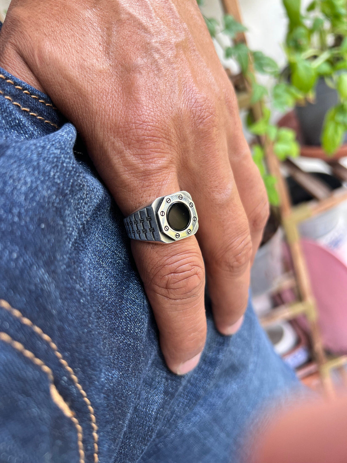 Hex Shaped Men's Onyx Statement Ring