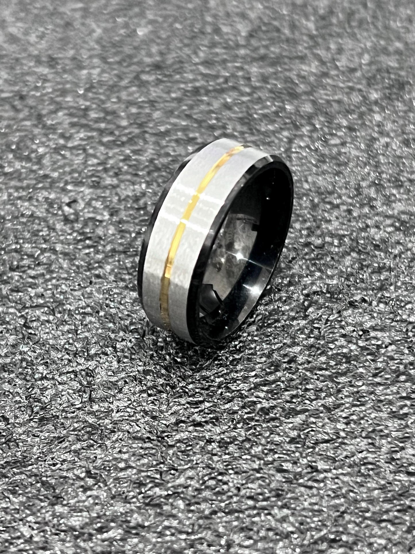 Gold Stripe, Silver, Black Stainless Ring, 8mm Band,