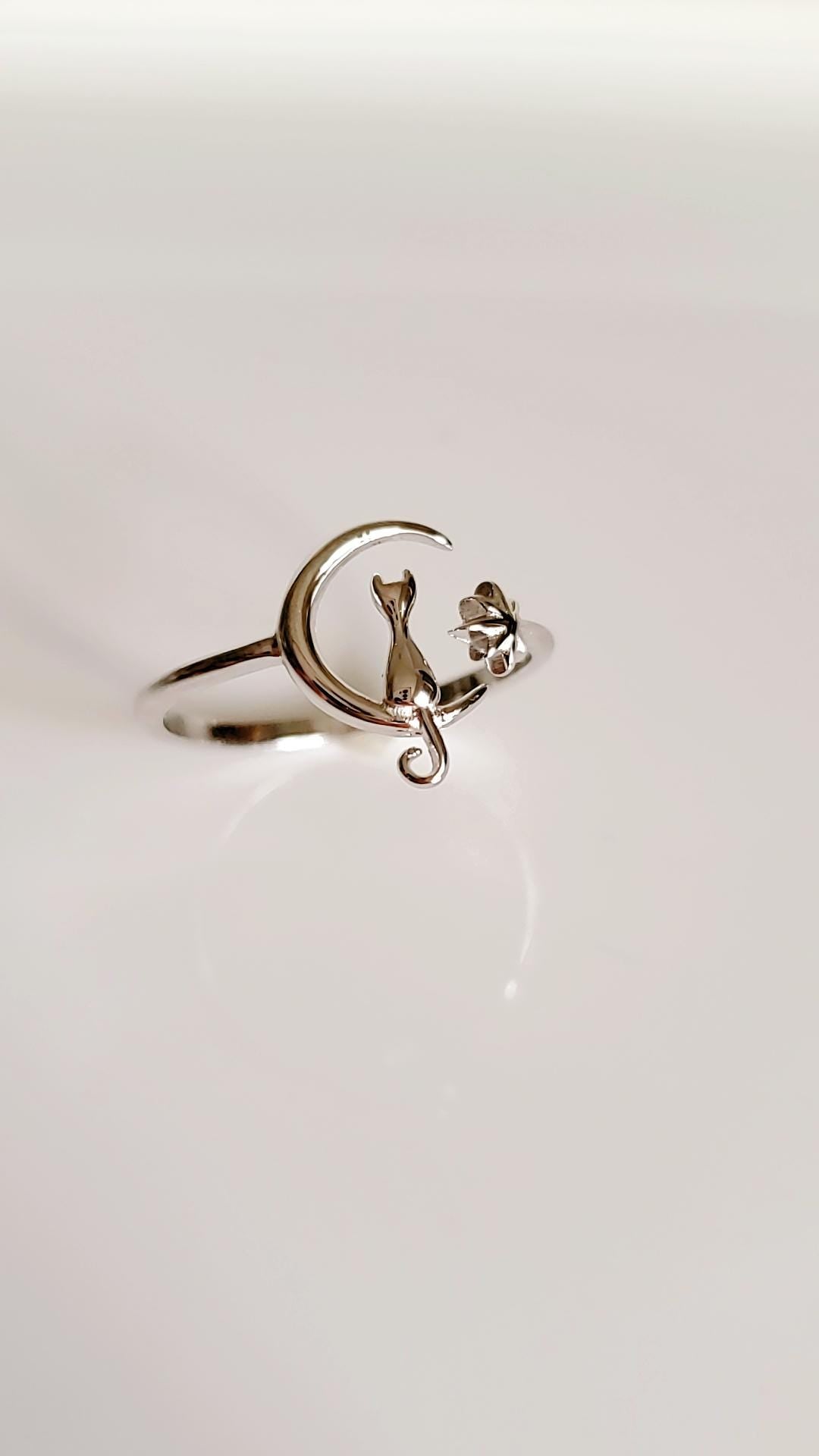 Cat on Moon White Opal Ring – 925 Sterling Silver