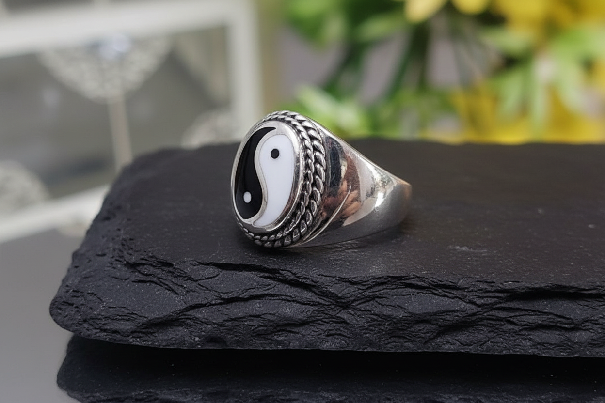 Yin Yang Signet Men Ring, Sterling Silver Ring, 925 Stamped Ring, Signet Men's Band, Genuine Stone for men