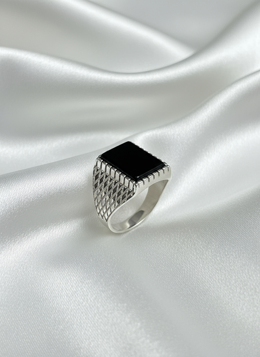 Square Black Onyx Men's Wedding Ring – 925 Sterling Silver