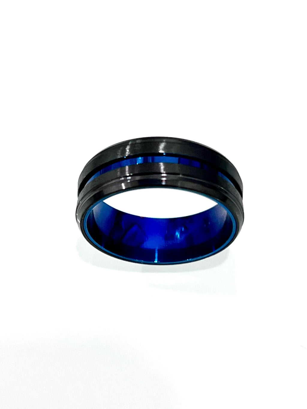 Blue Stripe Black Stainless Ring