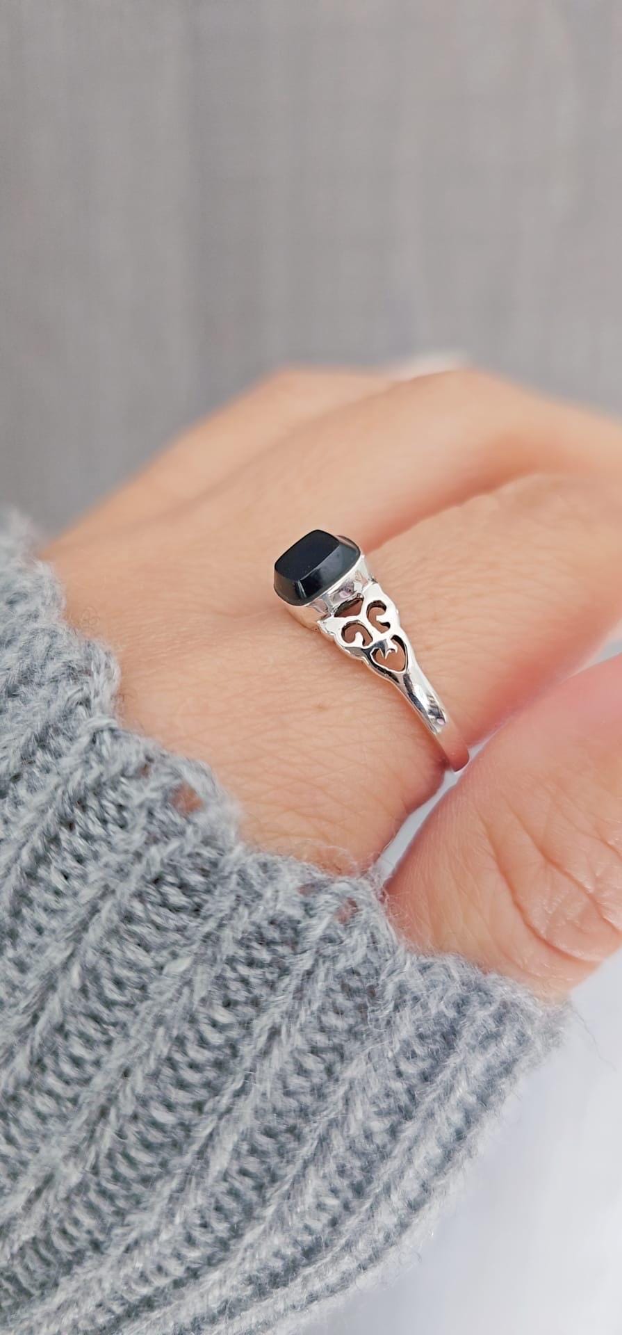 Onyx Sterling Silver Ring: Thin Band, Celtic Claddagh Design