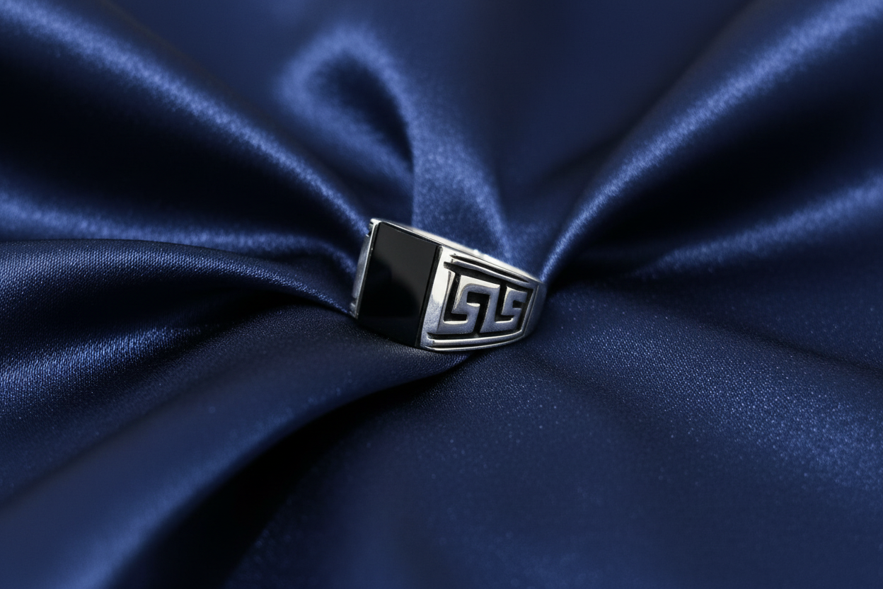 Greek Key Onyx Stone Men's Silver Ring